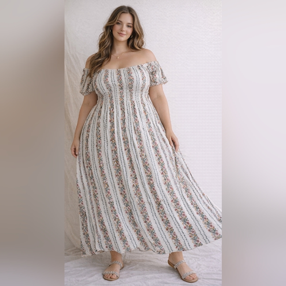 Cottagecore Off Shoulder Maxi Dress Size XXL Boho Floral